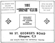 Advert for the Irish Club 98 St George's Road